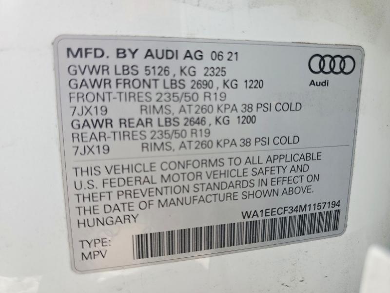 2021 Audi Q3 მანქანა იყიდება აუქციონზე, vin: WA1EECF34M1157194, აუქციონის ნომერი: 61534586