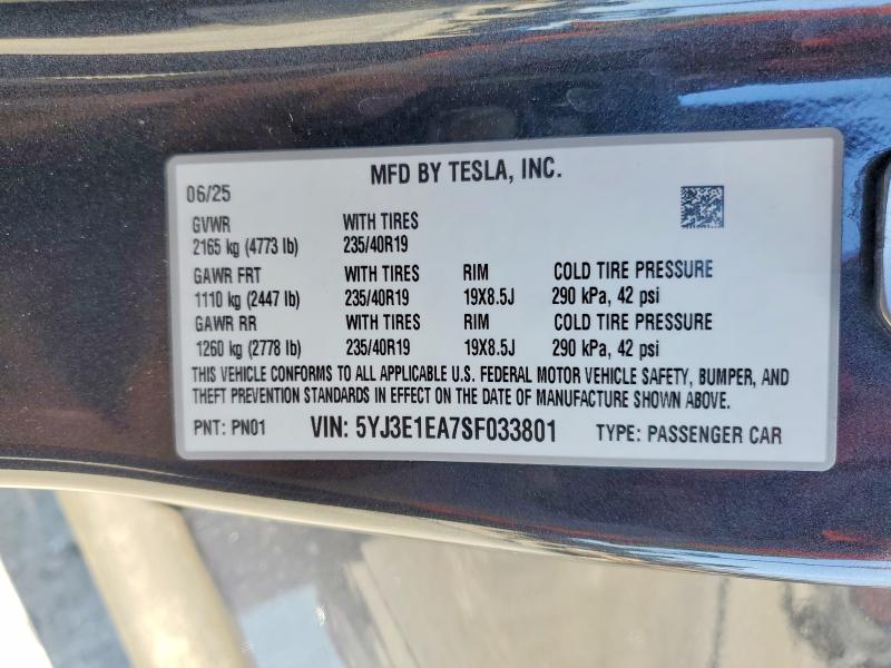 Aukcja sprzedaży 2025 Tesla Model 3, vin: 5YJ3E1EA7SF033801, numer aukcji: 62880136