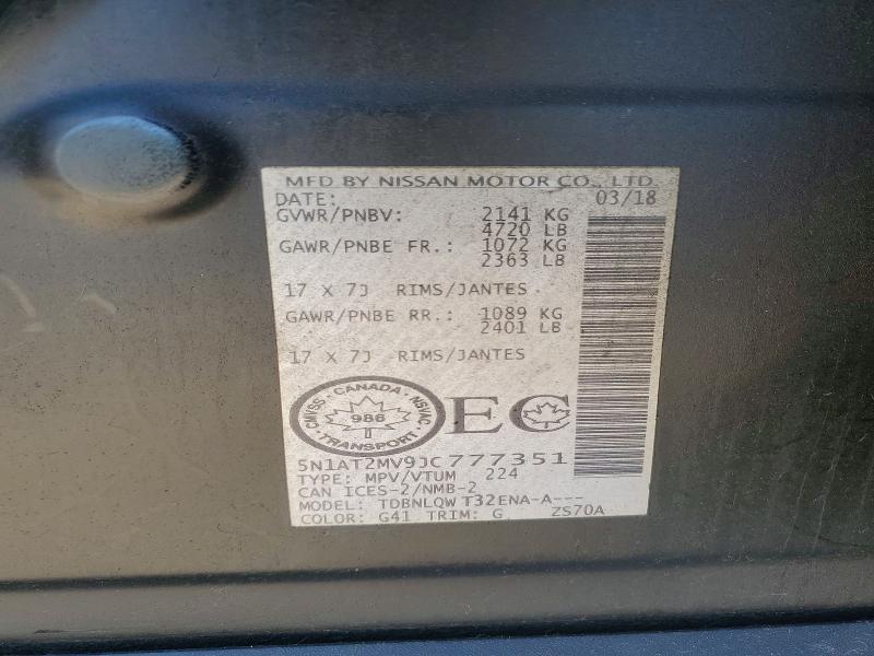 60809336 :رقم المزاد ، 5N1AT2MV9JC777351 vin ، 2018 Nissan Rogue مزاد بيع