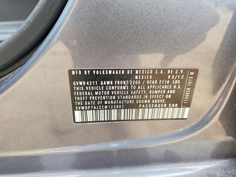 2012 Volkswagen Jetta მანქანა იყიდება აუქციონზე, vin: 3VWDP7AJ2CM122807, აუქციონის ნომერი: 63171736