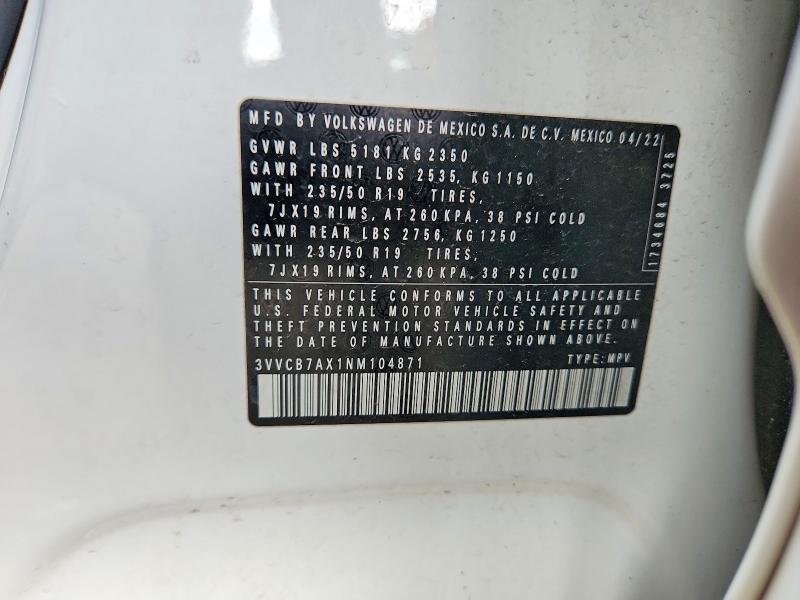 Aukcja sprzedaży 2022 Volkswagen Tiguan, vin: 3VVCB7AX1NM104871, numer aukcji: 59765596