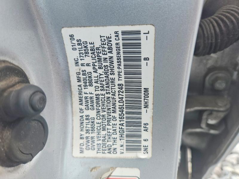 Продаж на аукціоні авто 2006 Honda Civic, vin: 1HGFA16546L047248, номер лоту: 59670616