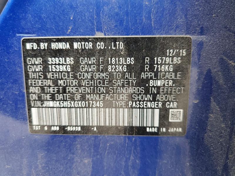 2016 Honda Fit მანქანა იყიდება აუქციონზე, vin: JHMGK5H5XGX017345, აუქციონის ნომერი: 62970226