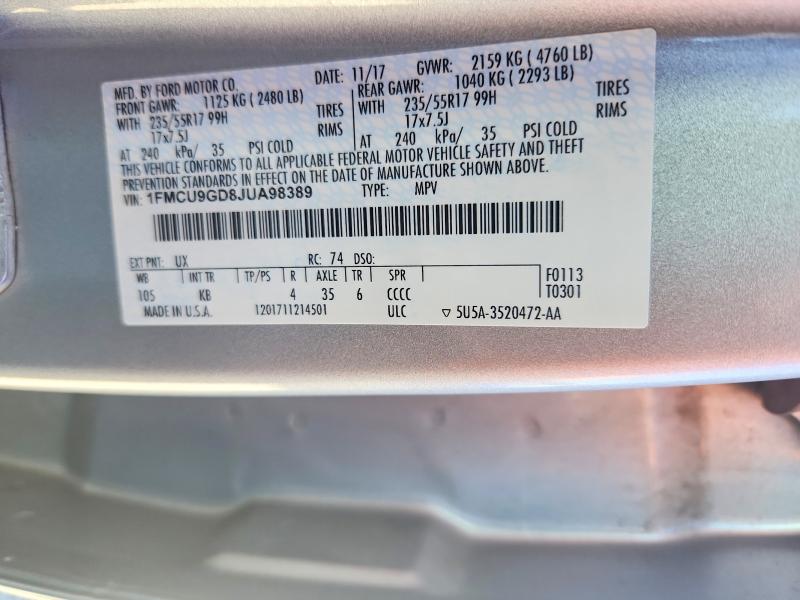 Auction sale of the 2018 Ford Escape, vin: 1FMCU9GD8JUA98389, lot number: 63417856