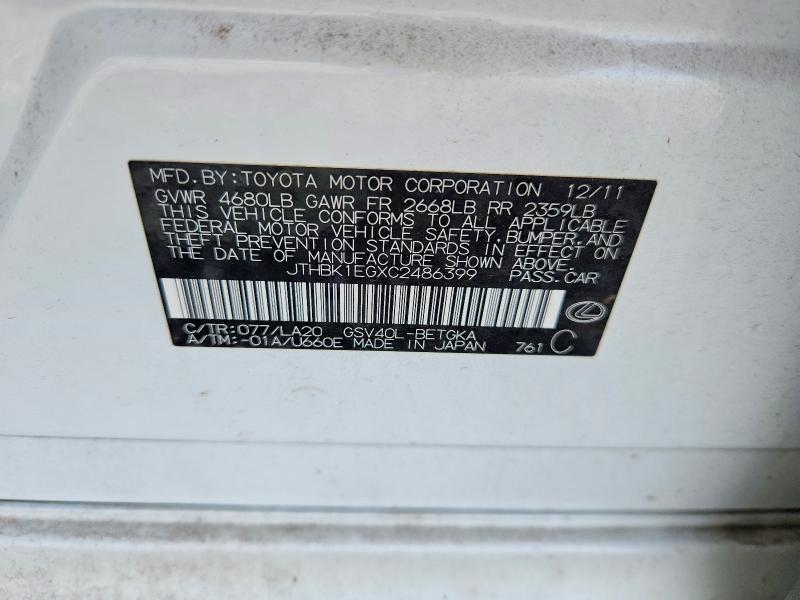Auction sale of the 2012 Lexus Es, vin: JTHBK1EGXC2486399, lot number: 61289426