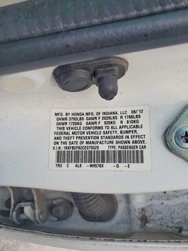 2012 Honda Civic მანქანა იყიდება აუქციონზე, vin: 19XFB2F82CE075520, აუქციონის ნომერი: 62813416