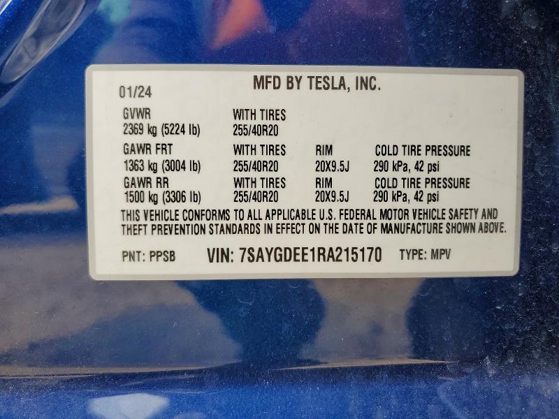 Продаж на аукціоні авто 2024 Tesla Model Y, vin: 7SAYGDEE1RA215170, номер лоту: 60880796