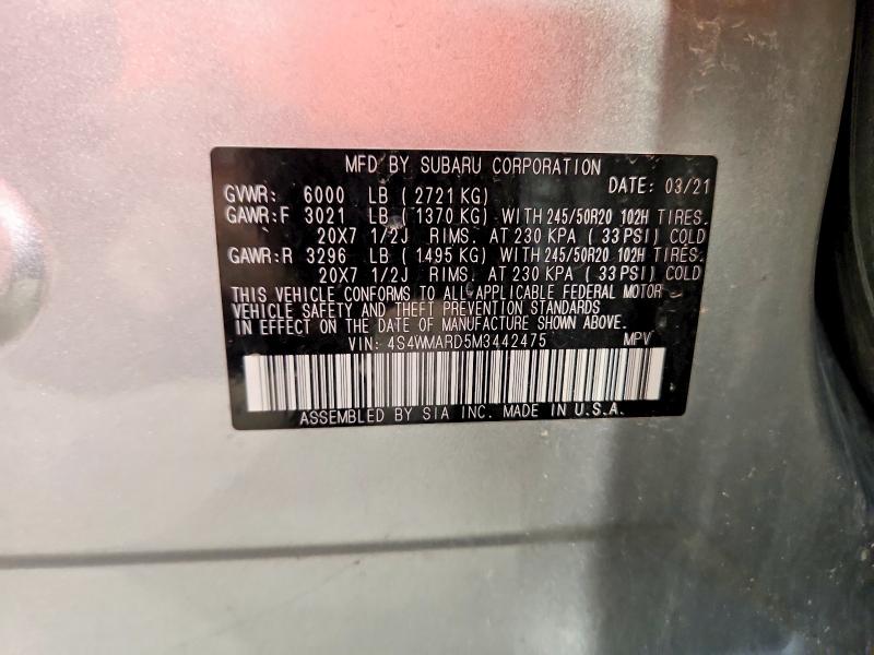2021 Subaru Ascent მანქანა იყიდება აუქციონზე, vin: 4S4WMARD5M3442475, აუქციონის ნომერი: 60007906