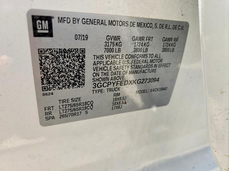 Продажа на аукционе авто 2019 Chevrolet Silverado, vin: 3GCPYFEDXKG273094, номер лота: 60473156