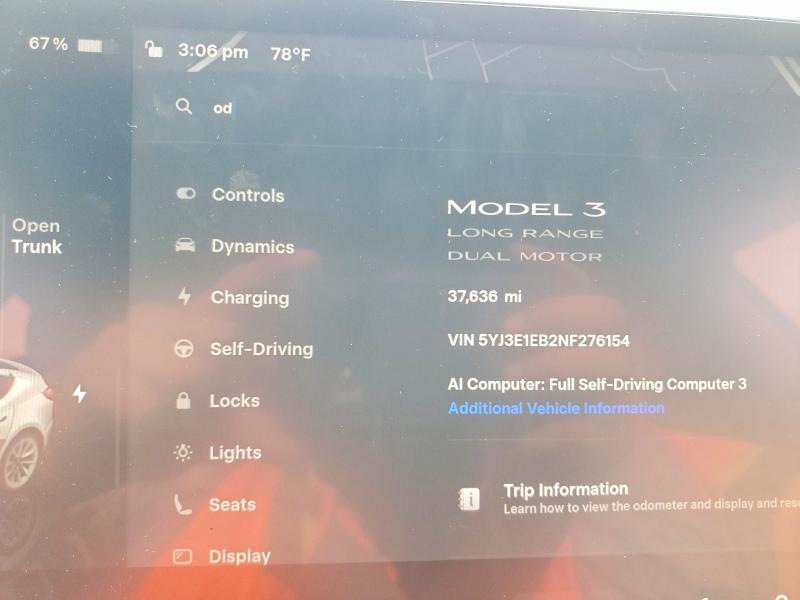 2022 Tesla Model 3 მანქანა იყიდება აუქციონზე, vin: 5YJ3E1EB2NF276154, აუქციონის ნომერი: 61493306