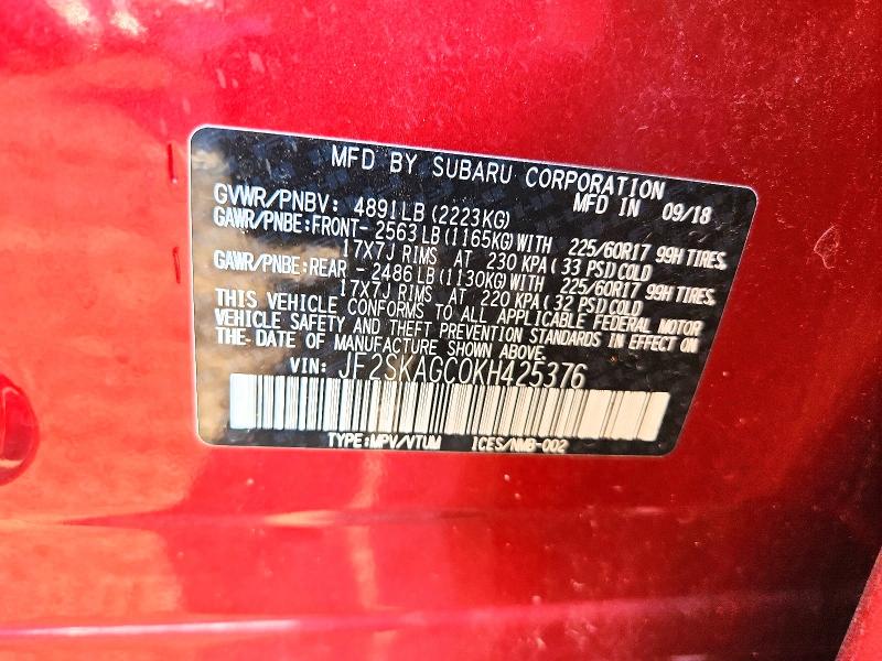2019 Subaru Forester მანქანა იყიდება აუქციონზე, vin: JF2SKAGC0KH425376, აუქციონის ნომერი: 62819436