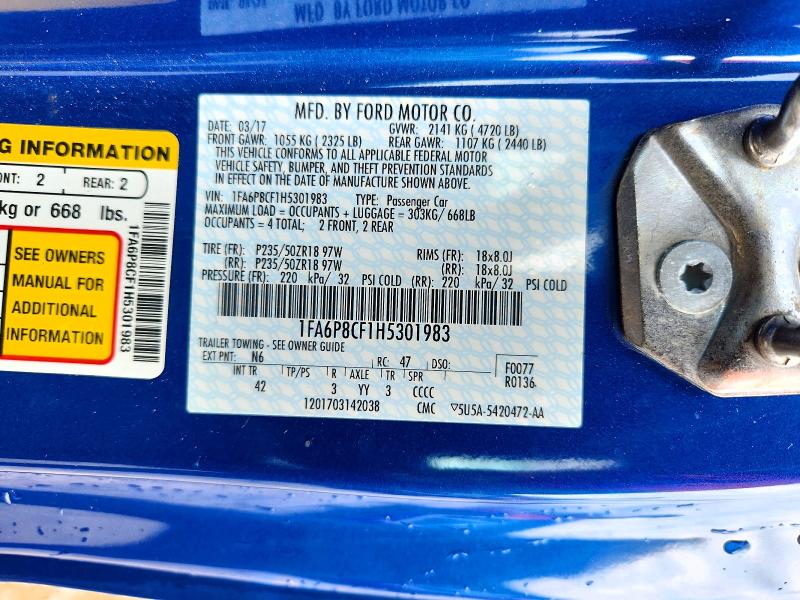 Продаж на аукціоні авто 2017 Ford Mustang, vin: 1FA6P8CF1H5301983, номер лоту: 62497726
