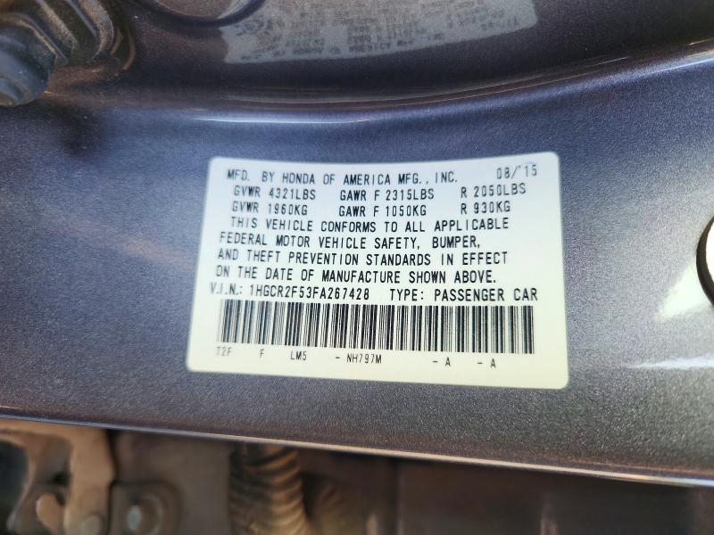 61979466 :رقم المزاد ، 1HGCR2F53FA267428 vin ، 2015 Honda Accord مزاد بيع