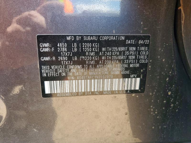 Aukcja sprzedaży 2022 Subaru Outback, vin: 4S4BTAFC1N3237010, numer aukcji: 61371556