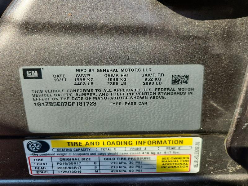 61193416 :رقم المزاد ، 1G1ZB5E07CF181728 vin ، 2012 Chevrolet Malibu مزاد بيع
