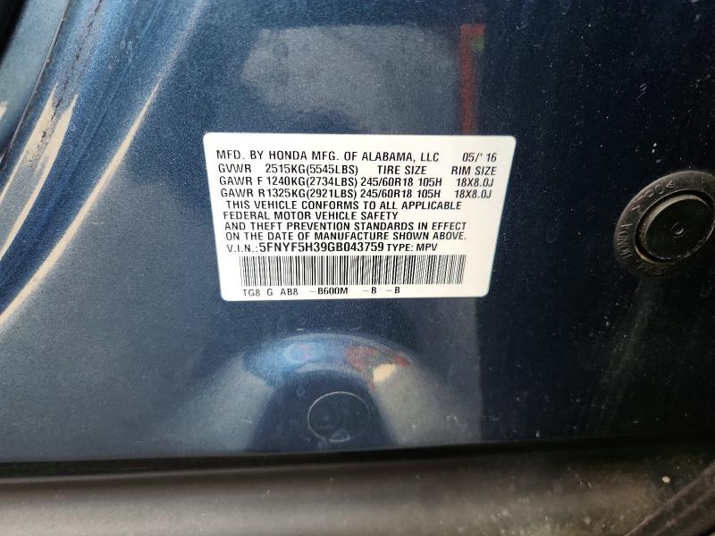 2016 Honda Pilot მანქანა იყიდება აუქციონზე, vin: 5FNYF5H39GB043759, აუქციონის ნომერი: 62672736