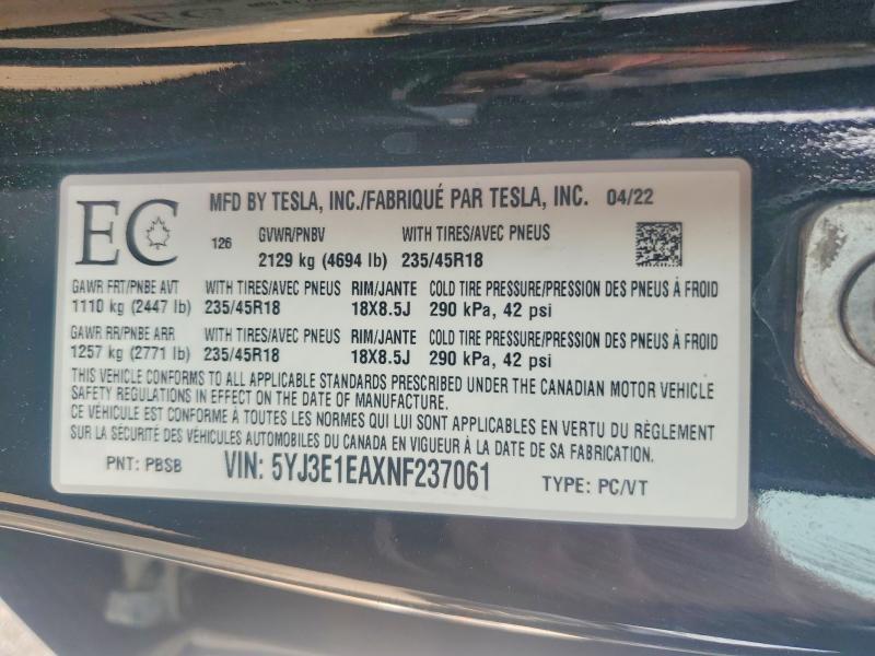 Продаж на аукціоні авто 2022 Tesla Model 3, vin: 5YJ3E1EAXNF237061, номер лоту: 61405256