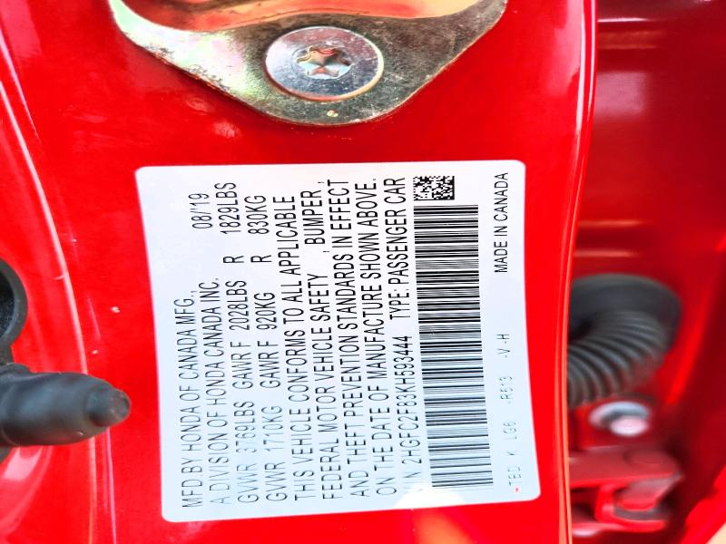 62441686 :رقم المزاد ، 2HGFC2F83KH593444 vin ، 2019 Honda Civic مزاد بيع