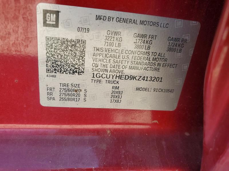 2019 Chevrolet Silverado მანქანა იყიდება აუქციონზე, vin: 1GCUYHED9KZ413201, აუქციონის ნომერი: 60053576
