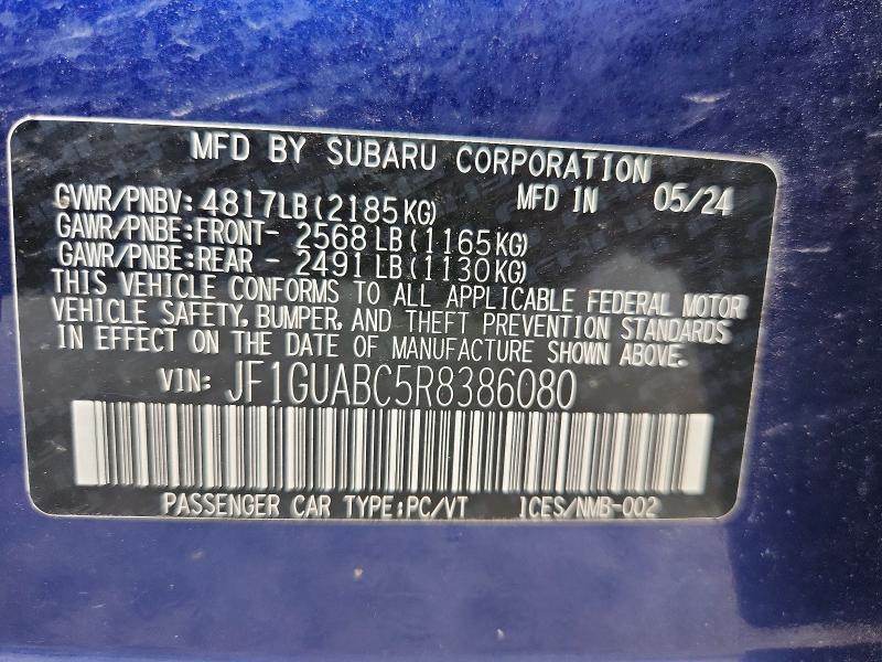 Продаж на аукціоні авто 2024 Subaru Impreza, vin: JF1GUABC5R8386080, номер лоту: 61972796