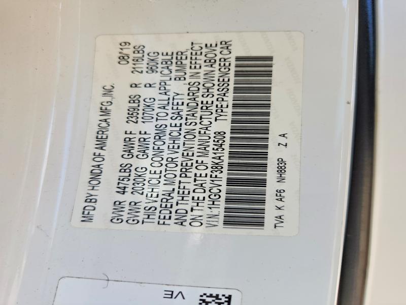 2019 Honda Accord მანქანა იყიდება აუქციონზე, vin: 1HGCV1F38KA154508, აუქციონის ნომერი: 60621746