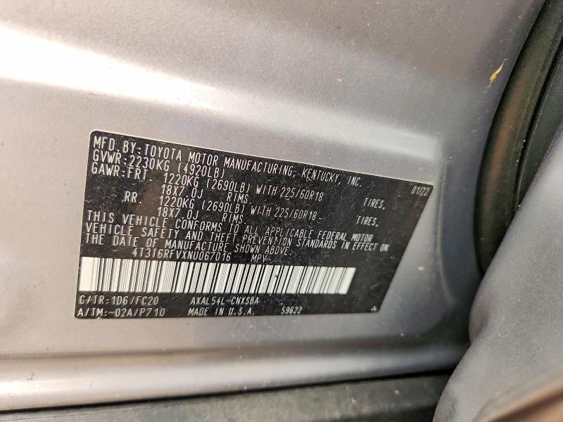 2022 Toyota Rav4 მანქანა იყიდება აუქციონზე, vin: 4T3T6RFVXNU067016, აუქციონის ნომერი: 60219916
