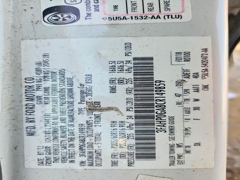 Aukcja sprzedaży 2012 Ford Fusion, vin: 3FAHP0GA8CR149859, numer aukcji: 61480646