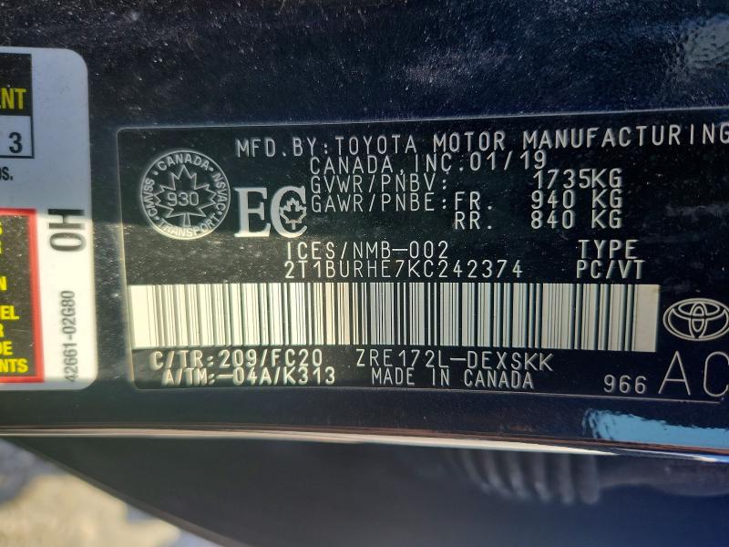 Aukcja sprzedaży 2019 Toyota Corolla, vin: 2T1BURHE7KC242374, numer aukcji: 62887766