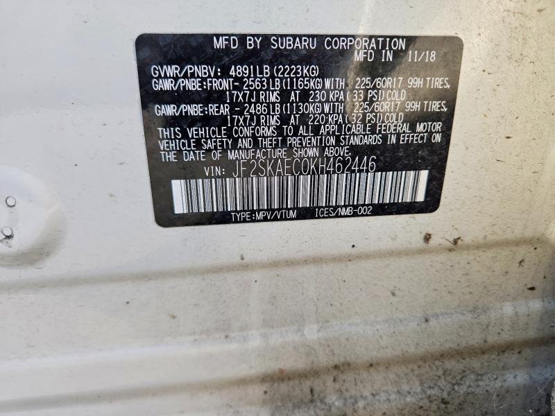2019 Subaru Forester მანქანა იყიდება აუქციონზე, vin: JF2SKAEC0KH462446, აუქციონის ნომერი: 62340266
