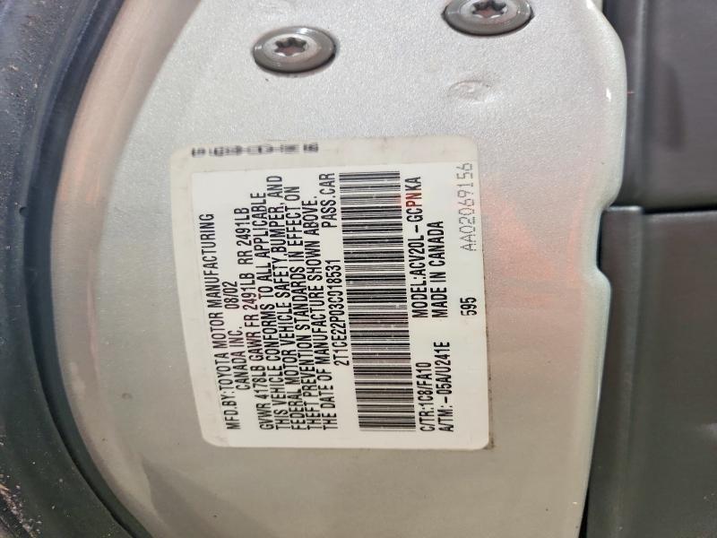 61264736 :رقم المزاد ، 2T1CE22P03C018531 vin ، 2003 Toyota Camry Solara مزاد بيع