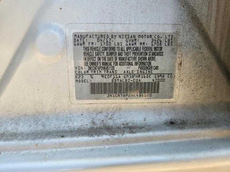 59981756 :رقم المزاد ، 3N1CN7AP2HK451120 vin ، 2017 Nissan Versa مزاد بيع