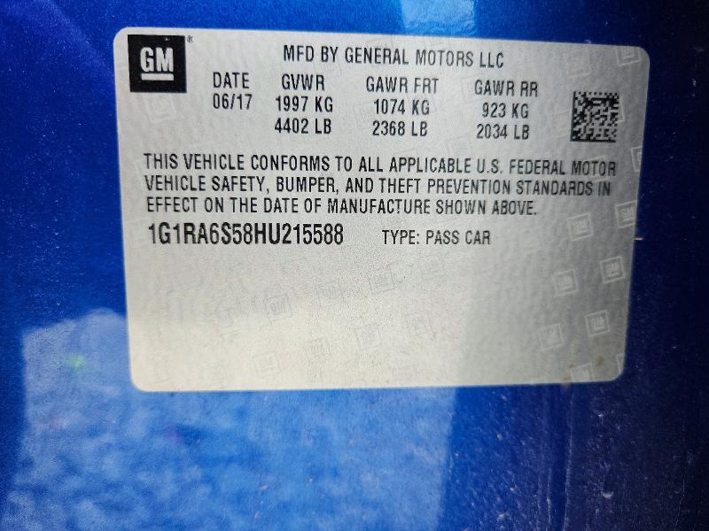 2017 Chevrolet Volt მანქანა იყიდება აუქციონზე, vin: 1G1RA6S58HU215588, აუქციონის ნომერი: 60226326