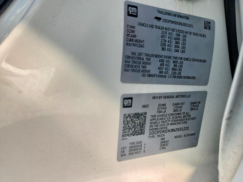 Aukcja sprzedaży 2022 Chevrolet Silverado, vin: 1GCPDKEK8NZ631221, numer aukcji: 60310566