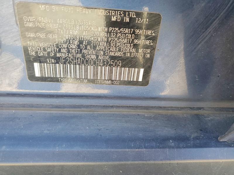 2012 Subaru Forester მანქანა იყიდება აუქციონზე, vin: JF2SHADC0CH432509, აუქციონის ნომერი: 61387766