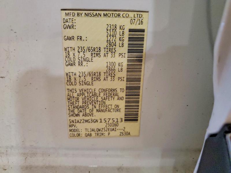 Продаж на аукціоні авто 2016 Nissan Murano, vin: 5N1AZ2MG3GN157513, номер лоту: 62027496