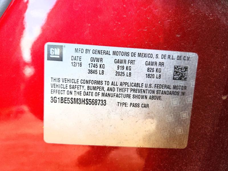 62088786 :رقم المزاد ، 3G1BE5SM3HS568733 vin ، 2017 Chevrolet Cruze مزاد بيع