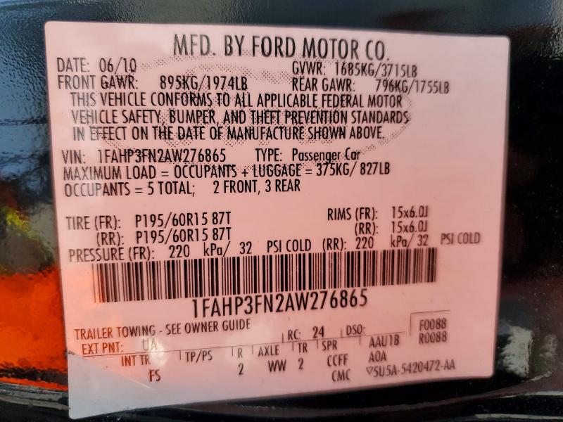 2010 Ford Focus მანქანა იყიდება აუქციონზე, vin: 1FAHP3FN2AW276865, აუქციონის ნომერი: 60428466