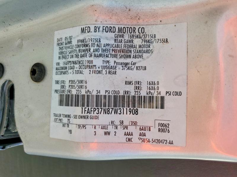 2007 Ford Focus მანქანა იყიდება აუქციონზე, vin: 1FAFP37N87W311908, აუქციონის ნომერი: 62317116