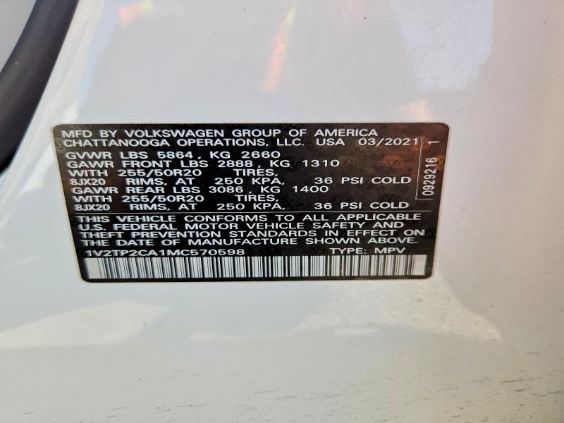 63053196 :رقم المزاد ، 1V2TP2CA1MC570598 vin ، 2021 Volkswagen Atlas مزاد بيع
