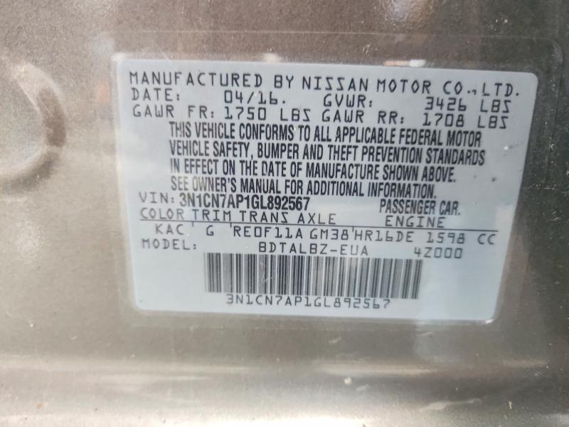 Aukcja sprzedaży 2016 Nissan Versa, vin: 3N1CN7AP1GL892567, numer aukcji: 59241156