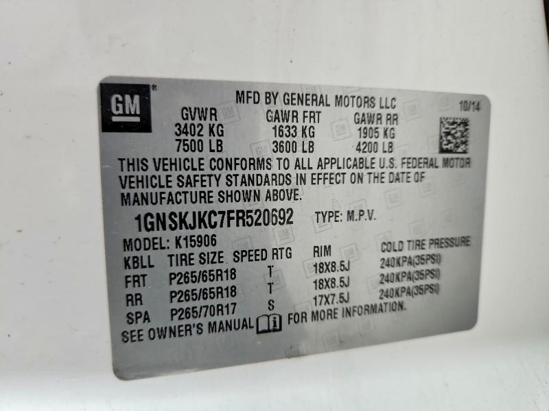2015 Chevrolet Subrbn1500 მანქანა იყიდება აუქციონზე, vin: 1GNSKJKC7FR520692, აუქციონის ნომერი: 60331286