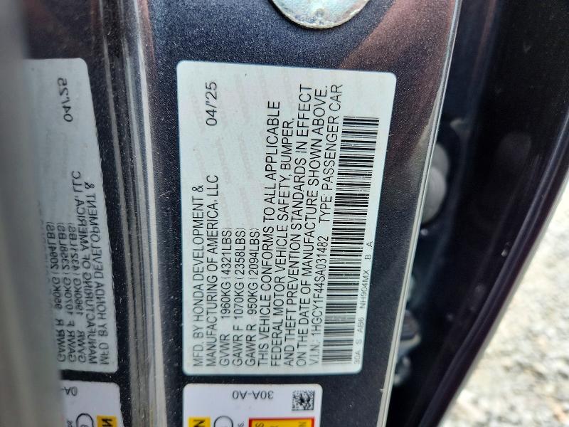 Aukcja sprzedaży 2025 Honda Accord, vin: 1HGCY1F44SA031482, numer aukcji: 62315526