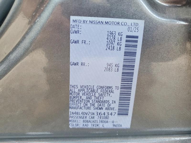 2025 Nissan Altima მანქანა იყიდება აუქციონზე, vin: 1N4BL4DV2SN364347, აუქციონის ნომერი: 61306596