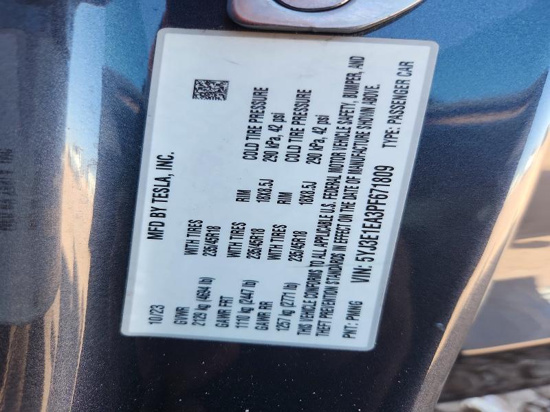 2023 Tesla Model 3 მანქანა იყიდება აუქციონზე, vin: 5YJ3E1EA3PF671809, აუქციონის ნომერი: 60211556