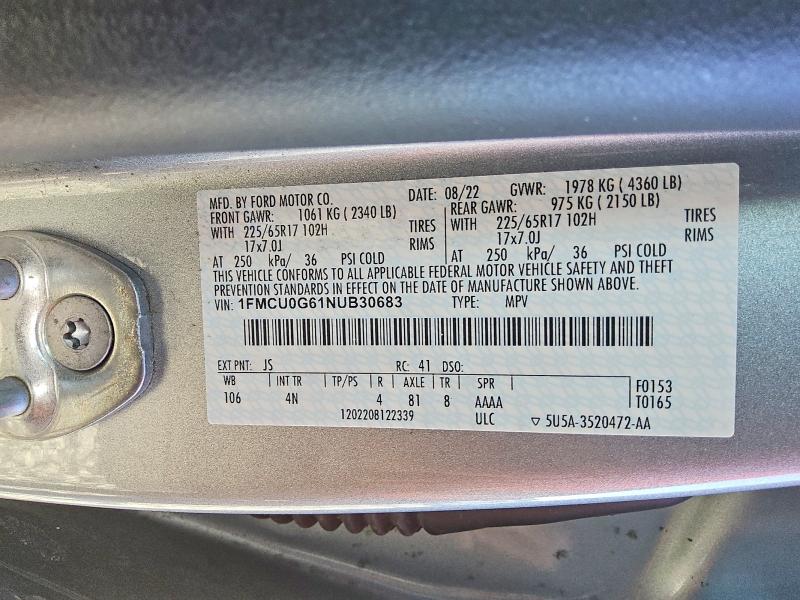 Продаж на аукціоні авто 2022 Ford Escape, vin: 1FMCU0G61NUB30683, номер лоту: 60619956
