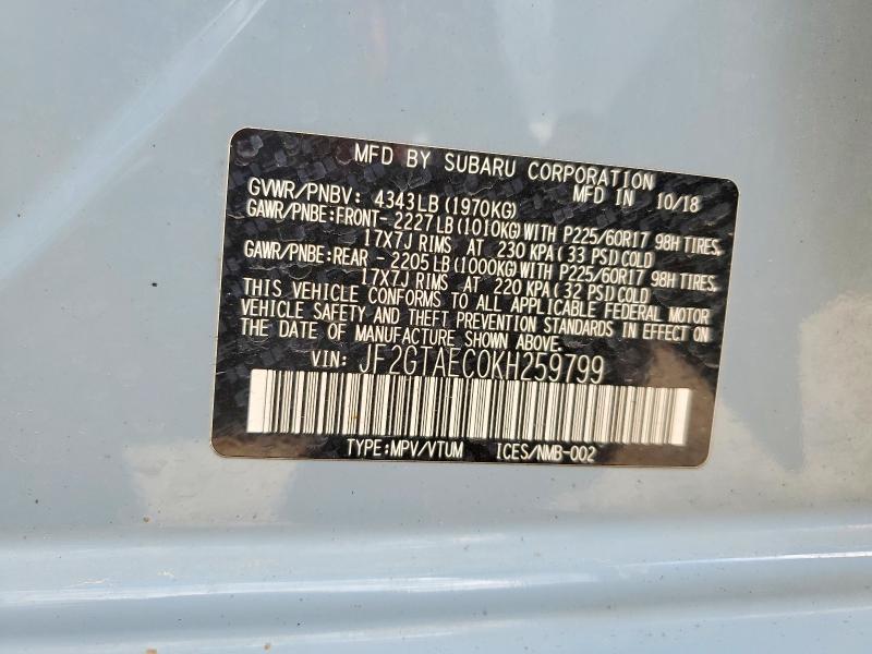 61241736 :رقم المزاد ، JF2GTAEC0KH259799 vin ، 2019 Subaru Crosstrek مزاد بيع