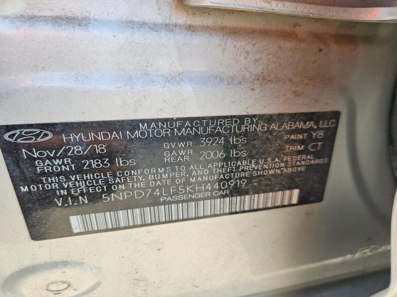 62663306 :رقم المزاد ، 5NPD74LF5KH440919 vin ، 2019 Hyundai Elantra مزاد بيع