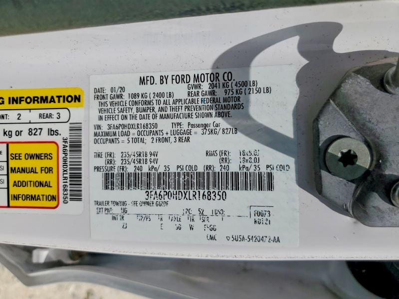 2020 Ford Fusion მანქანა იყიდება აუქციონზე, vin: 3FA6P0HDXLR168350, აუქციონის ნომერი: 62796516