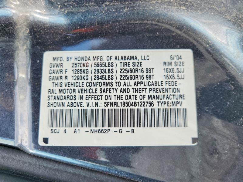 Auction sale of the 2004 Honda Odyssey, vin: 5FNRL18504B122756, lot number: 60173956
