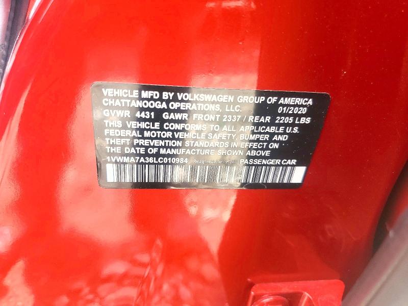 63012646 :رقم المزاد ، 1VWMA7A36LC010984 vin ، 2020 Volkswagen Passat مزاد بيع